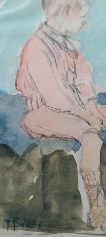 Dessin d'Yvonne Brudo Esquisse pierre noire avec rehauts aquarelle / (XIX-XX)