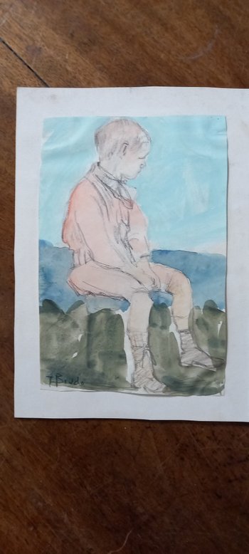 Dessin d'Yvonne Brudo Esquisse pierre noire avec rehauts aquarelle / (XIX-XX)
