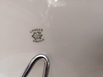 Tafelservice aus weißem Porzellan mit rosa Blumendekor-Bordüre 69-teilig Limoges C&M
