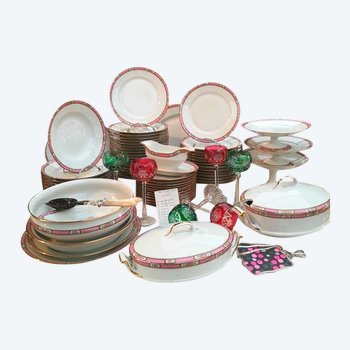 White porcelain table service with pink floral decoration border 69 pieces Limoges C&M