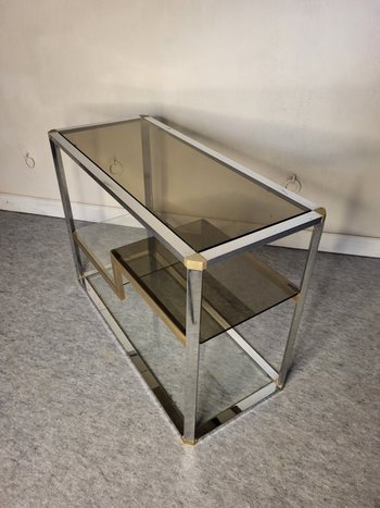 Scaffale espositivo anni '70 in metallo e vetro fumé