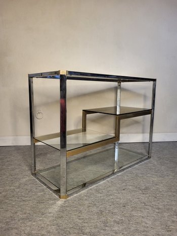 Scaffale espositivo anni '70 in metallo e vetro fumé