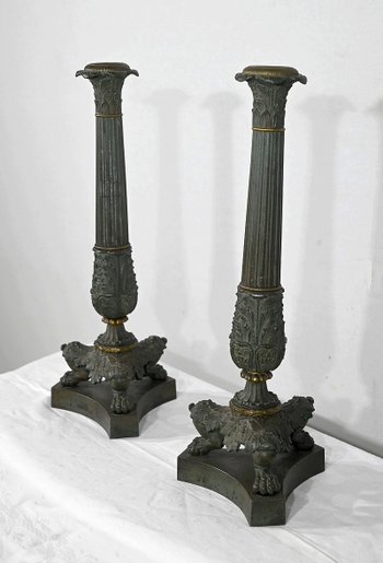 Pair of Bronze Candlesticks, Restoration period - Early 19th century