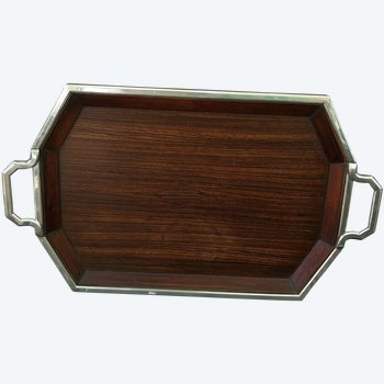 Plateau rectangulaire à pans coupés en bois & métal argenté