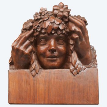             Jeune Fille Aux Fleurs Sculpture Art Nouveau Bois Patiné            