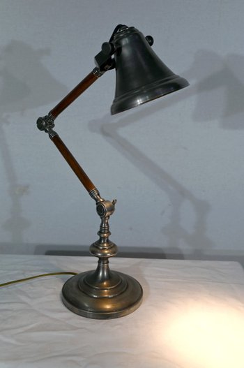 Lampada a braccio articolato in metallo e legno - 1920