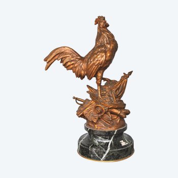 Le Coq Français Edouard Drouot Bronze Patine Dorée Socle Marbre Vert             