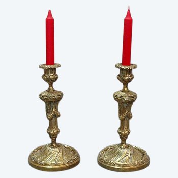 Paire de Flambeaux en Bronze Doré, style Louis XVI - XIXe