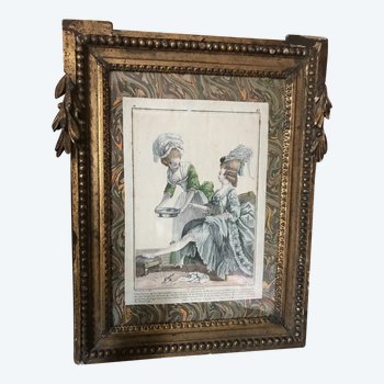 Cadre Epoque Louis XVI Avec Estampe ‘toilette De Dame’
