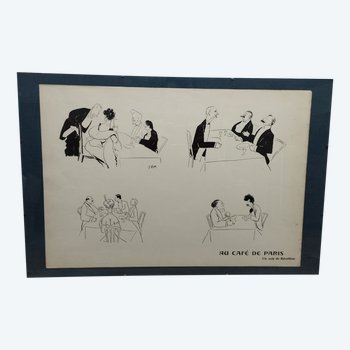 Lithograph under glass signed by SEM- "Au café de paris "circa 1900