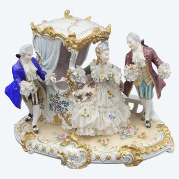 Figurines , Important groupe de figurine UNTERWEISSBACH Allemange Thutinge   "  l'élégantes et ses prétendants "  Porcelaine Allemande - Très grande qualité