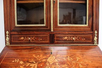 Piccola Vetrina Scrivania in Palissandro e Intarsio, Periodo Napoleone III - Metà XIX Secolo