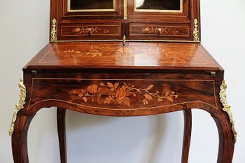 Piccola Vetrina Scrivania in Palissandro e Intarsio, Periodo Napoleone III - Metà XIX Secolo