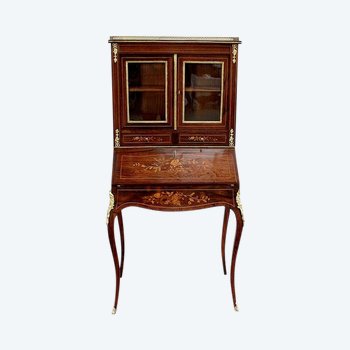 Petit Bureau Vitrine en Palissandre et Marqueterie, époque Napoléon III – Milieu XIXe