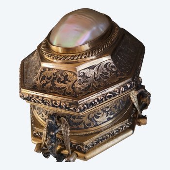 Antique French jewelry box Napoleon III 3 Victorian Box in chased bronze, gilded, silver plated decorated with mother of pearl. XIX Century