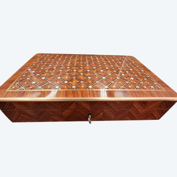 Antica scatola da gioco francese Napoleone III 3 scatole di legno XIX secolo intarsio madreperla ottone legno pregiato
