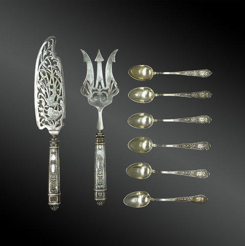 Part De Ménagère (six knives, six spoons, two serving pieces) in silver