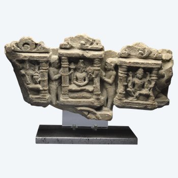 India, 8th - 10th century A.D., Fragment of a sandstone stele representing the Hindu Trinity: Ganesh - Shiva - Parvati