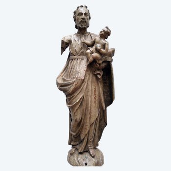 Statue St Joseph à l'Enfant Jésus Bois Sculpté 18 Siècle