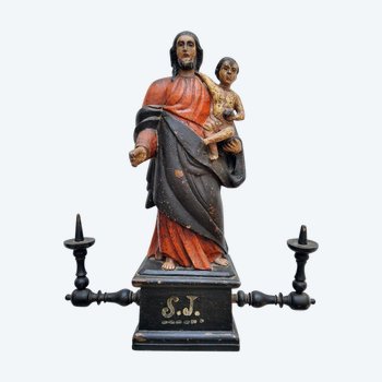 Statue St Joseph à l'Enfant Jésus Bois Sculpté 18 Siècle