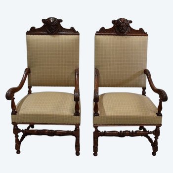 Paire de Fauteuils en Chêne Clair, style Louis XIII / Louis XIV - Début XXe