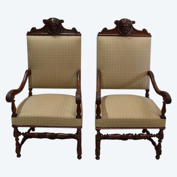 Pair of Light Oak Armchairs, Louis XIII / Louis XIV style - Early XXth century