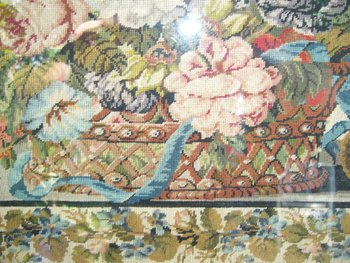 Embroidery framed with a flowered basket and birds, 19th century
