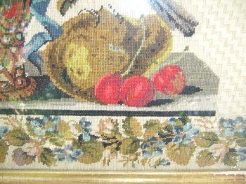 Embroidery framed with a flowered basket and birds, 19th century