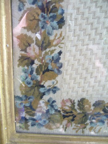 Embroidery framed with a flowered basket and birds, 19th century