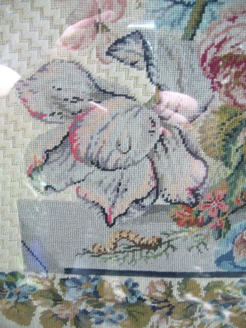 Embroidery framed with a flowered basket and birds, 19th century