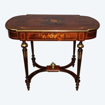 Louis XVI Style Table In Rosewood Inlaid With Flowers late XIX