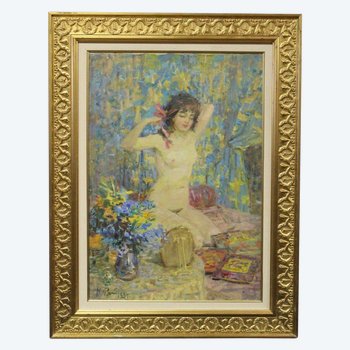 Olio su tela Giovane donna con fiocco rosa di Riasnianski