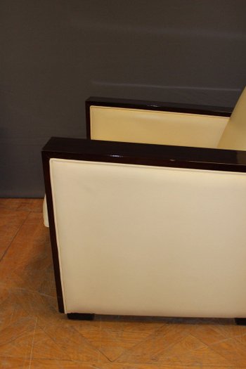 Paire De Fauteuils De Style Art Déco En Palissandre Et Cuir