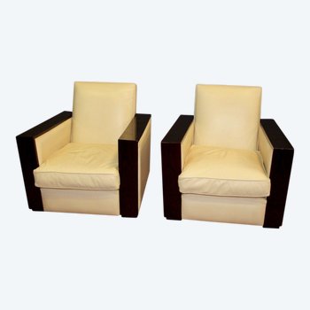 Pair Of Art Deco Style Armchairs In Rosewood And Leather