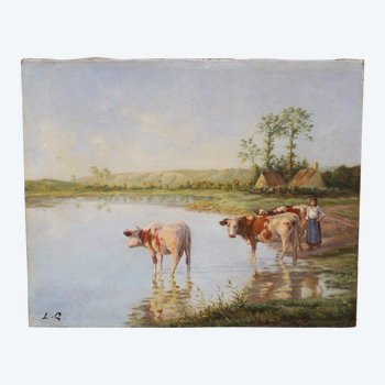 Huile Sur Toile Représentant Des Vaches Au Bord De l'étang Vers 1900