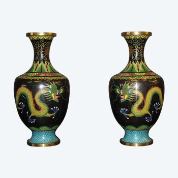 Pair Of Chinese Cloisonné Vases Dragon Décor About 1900