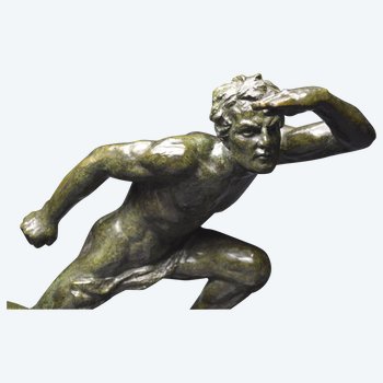 Art Deco period, Representation of a man in a stalking posture, Bronze with green patina, A. OULINE