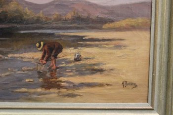 Oil on canvas La Pêche Aux Coquillages By Dubiez