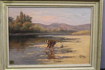 Oil on canvas La Pêche Aux Coquillages By Dubiez