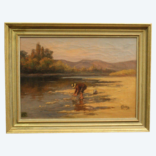 Oil on canvas La Pêche Aux Coquillages By Dubiez
