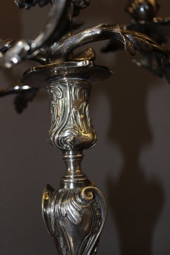 Pair De Bougeoirs De Style Louis XV En Bronze Argenté XIX