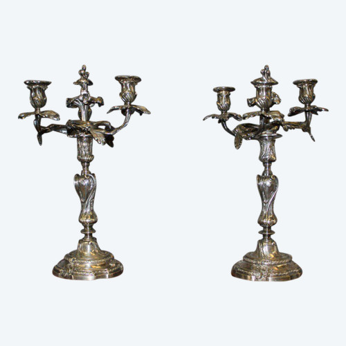 Pair De Bougeoirs De Style Louis XV En Bronze Argenté XIX