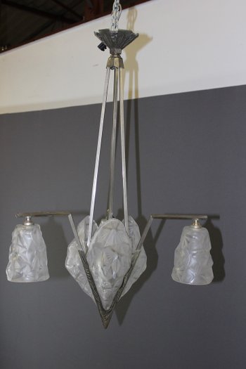 Lampadario d'epoca Art Déco con piatti firmati Degué