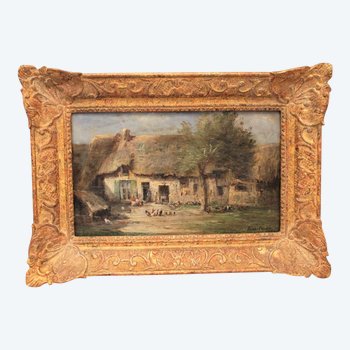 Oil on panel signed René Tener farmyard XIX century