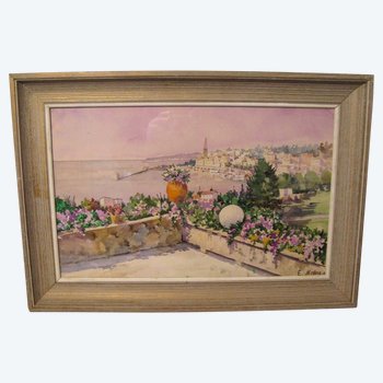 Watercolor signed E.Malezin: view of Menton from a terrace
