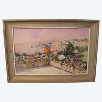 Aquarell signiert E.Malezin: Blick auf Menton von einer Terrasse aus