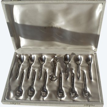 Box 12 mocha spoons + silver sugar tongs "Russian style" handles ERCUIS (ref MA 0475)