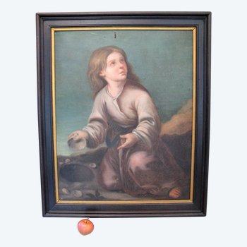 Tableau huile sur toile époque XIX siècle " petite fille aux coquillages "