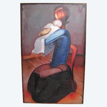 Large painting oil on canvas signed Louis Peronne " la maternité " XX th century