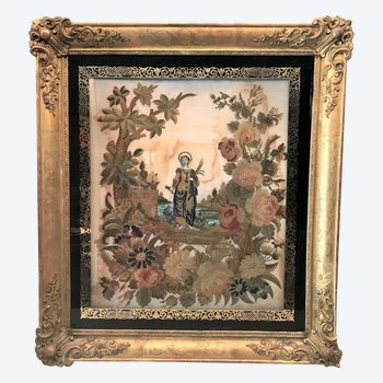 Tableau broderie religieuse Sainte Marguerite XIXème siècle